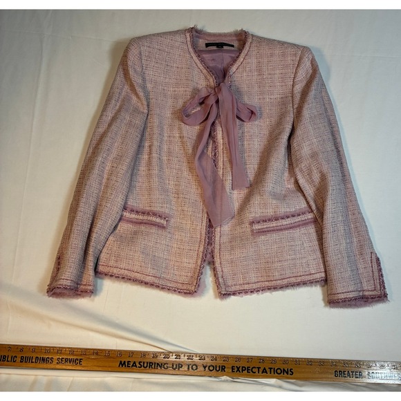 Nipon Boutique Jackets & Blazers - Nipon Boutique Pink Tweed Chiffon Tie Front Blazer Plus Size 18 Frayed Trim